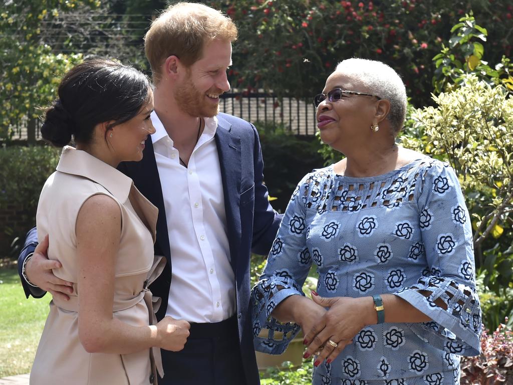 Harry and Meghan met with Graca Machel, the widow of the late Nelson Mandela, in Johannesburg, last week. Picture: AP