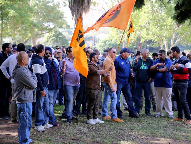 Striking bus drivers outside Parliament House today. Picture: John Grainger