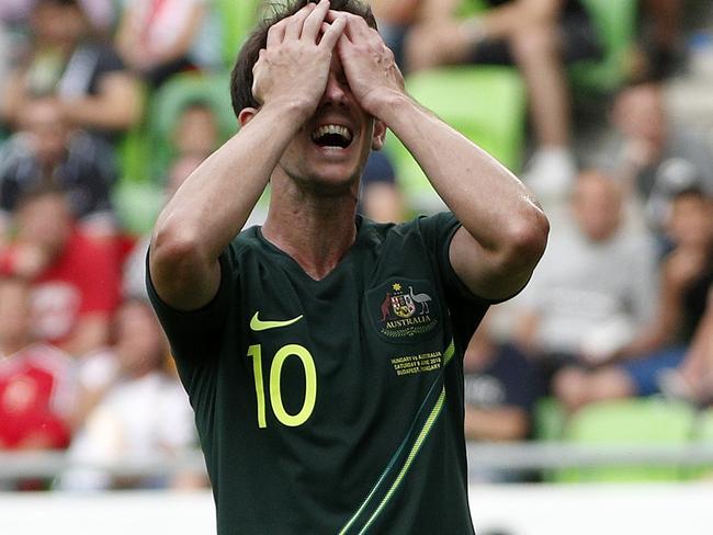 Robbie Kruse misses a shot on goal during the Socceroos v Hungary friendly