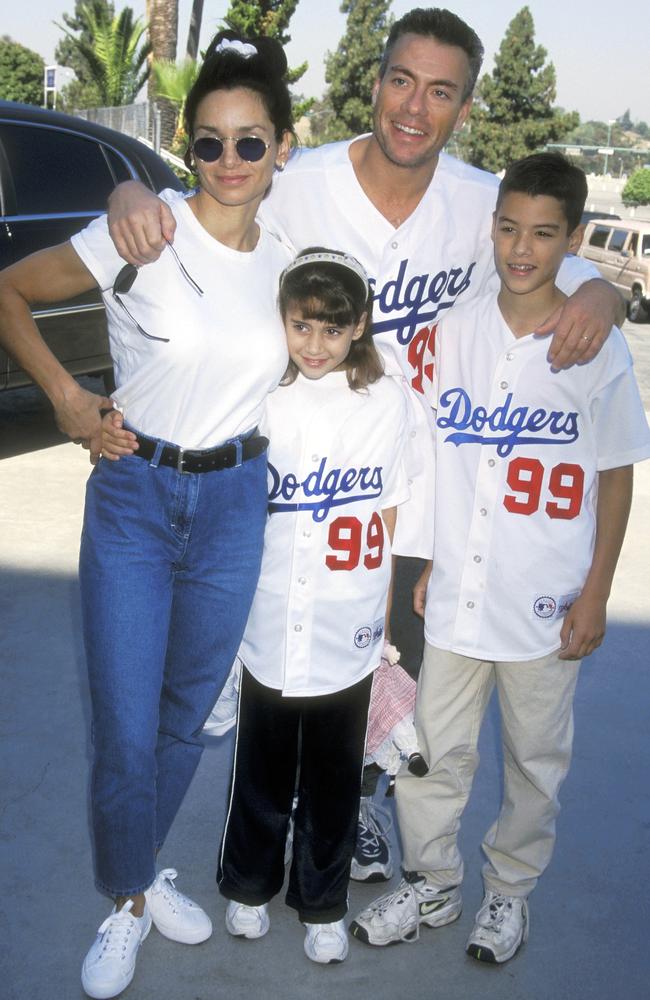 Actor Jean-Claude van Damme with Gladys Portugues, daughter Bianca and son Kristopher on July 31, 1999 at Dodger Stadium in Los Angeles, California. Picture: Supplied