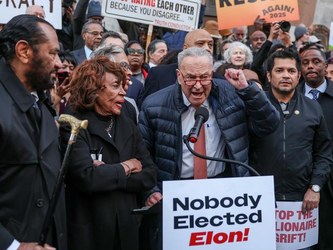 WASHINGTON, DC - FEBRUARY 04:  U.S. Senate Majority Leader Chuck Schumer (D-NY), with Rep. Maxine Waters (D-CA), speaks during the We Choose To Fight: Nobody Elected Elon rally at the U.S. Department Of The Treasury on February 04, 2025 in Washington, DC. (Photo by Jemal Countess/Getty Images for MoveOn)