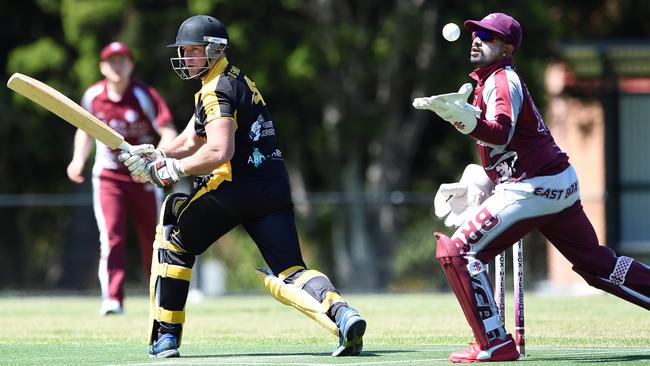 BHRDCA: East Burwood captain David Simcock and East Box Hill keeper Sanindu Ediriweera. Picture: Steve Tanner