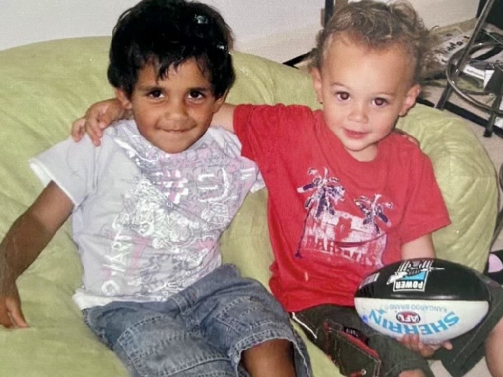 AFL. St Kilda’s Nasiah Wanganeen-Milera (left) with Essendon’s Tex Wanganeen as youngsters. They are cousins. Picture: Supplied