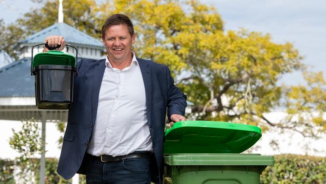 Lockyer Valley Regional Council deputy mayor Jason Cook with the new compost bins that will be used in a 1000-home trial in Laidley and Gatton. PHOTO: Ali Kuchel