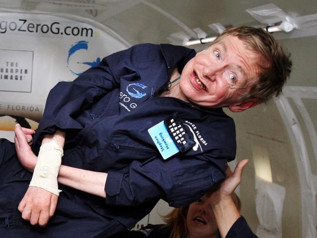 In this handout photo provided by Zero Gravity Corp., astrophysicist Stephen Hawking floats on a zero-gravity jet, April 26, 2007. The modified jet carrying Hawking, a handful of his physicians and nurses, and dozens of others first flew up to 24,000 feet over the Atlantic Ocean off Florida. (AP Photo/Zero Gravity Corp.) ** NO SALES ** MANDATORY CREDIT **