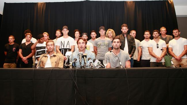 Jobe Watson and other members of the Essendon 34 speaking in 2015. (Photo by Scott Barbour/Getty Images)