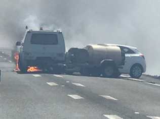 HIGHWAY CRASH: Two taken to hospital after crash on Warrego Highway. . Picture: Christian Loghem