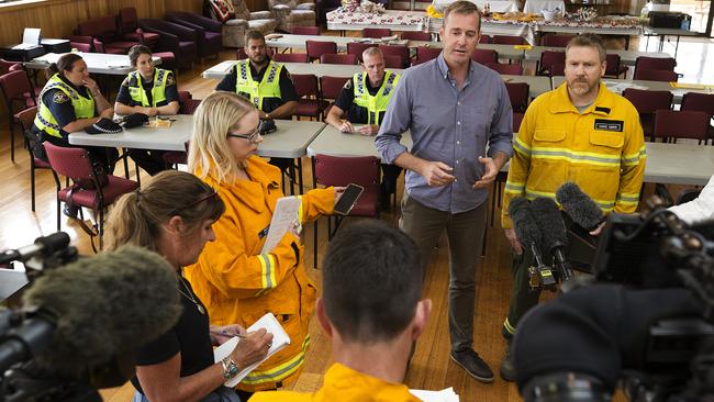 Emergency Services Minister Michael Ferguson and Parks and Wildlife Service deputy operations manager Chris Emms at Miena. PICTURE CHRIS KIDD