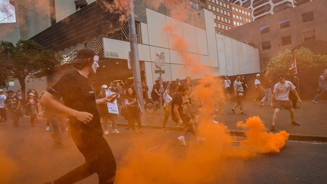 Anti Lockdown protesters rally at the Shrine of Remeberence. Picture: Jake Nowakowski