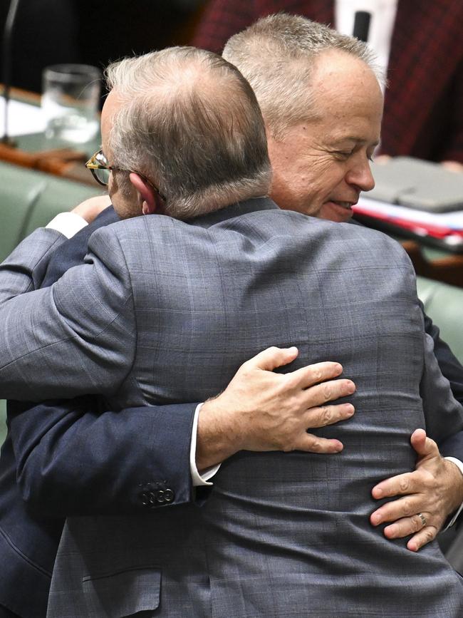 Anthony Albanese congratulates Bill Shorten after his valedictory speech. Picture: NewsWire / Martin Oldman