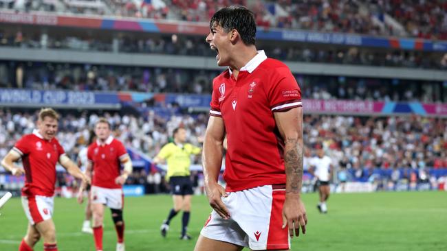 Louis Rees-Zammit celebrates Wales’ win over Fiji at Nouveau Stade de Bordeaux. Picture: Getty Images