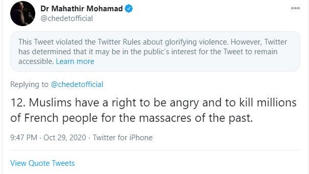 Former Malaysia prime minister Mahathir Mohamad’s tweet which Twitter has marked as 'glorifying violence'.