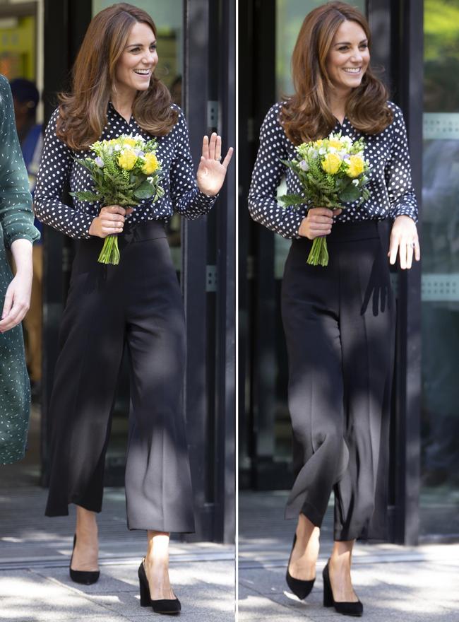 The Duchess wore trousers and a polka dot blouse to the event. Picture: Ian Vogler / AFP