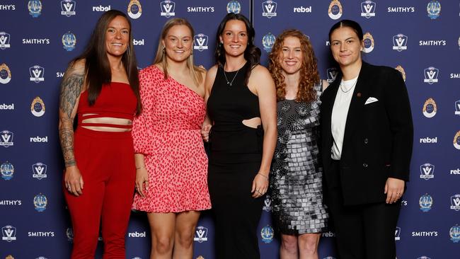 Mia-Rae Clifford, Renee Tierney, Amelia Radford, Georgia Nanscawen and Federica Frew of the Bombers. Photo: AFL Photos via Getty Images.