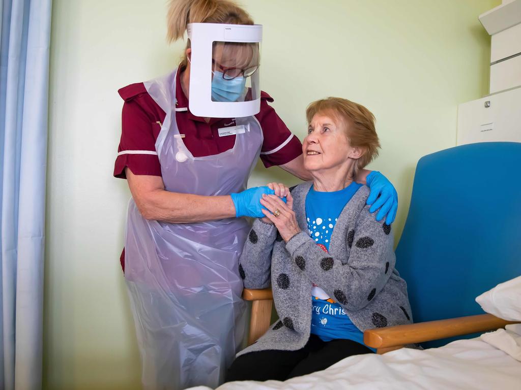 Margaret Keenan, 90, became the world’s first person to receive a vaccine that was not part of a trial this week. Picture: Jonny Weeks / POOL / AFP