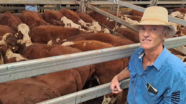 Damian Christian, Chiltern, was an example of buyers trying to get some well-priced stock around them at Wodonga in this current downturn. He paid $1070 for 24 Hereford steers weighing 379kg, describing them as “too good to pass-up – I’ll find space for them somewhere".