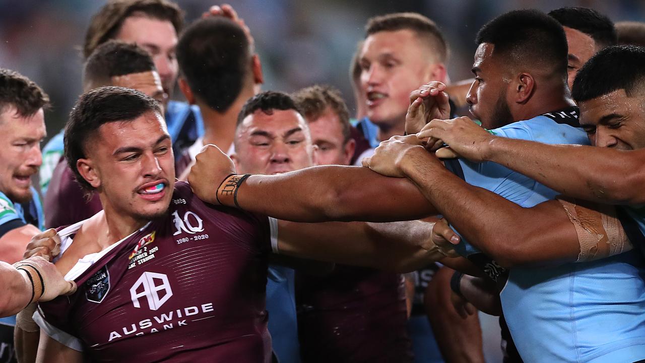 Tino Fa'asuamaleaui and Payne Haas cut loose in last year's State of Origin series. Picture: Getty Images