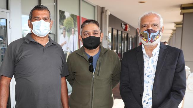 Indian community members Rodney D’Souza, Sunil Verna and Ramdas Sankaran outside MP Jags Krishnan’s office. Picture: Colin Murty