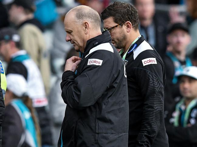 ADELAIDE, AUSTRALIA - JUNE 22:     Ken Hinkley, Senior Coach of the Power leave the ground after losing  the round 15 AFL match between Port Adelaide Power and Brisbane Lions at Adelaide Oval, on June 22, 2024, in Adelaide, Australia. (Photo by Mark Brake/Getty Images)