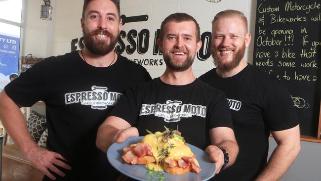 The boys at Espresso Moto (from left) Jordan Stubbs, chef Glen Burnett and Shannon Baier-Dry are proud as punch to be in the top 10 again. Pic Tim Marsden