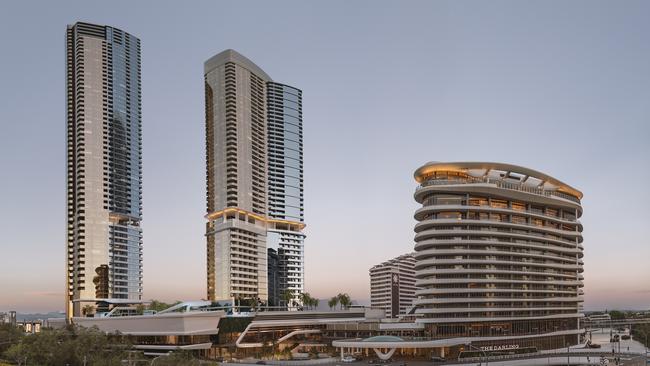 The Star Gold Coast site's new $500m fourth tower planned (far left) at its Broadbeach gaming resort. It is underconstruction.