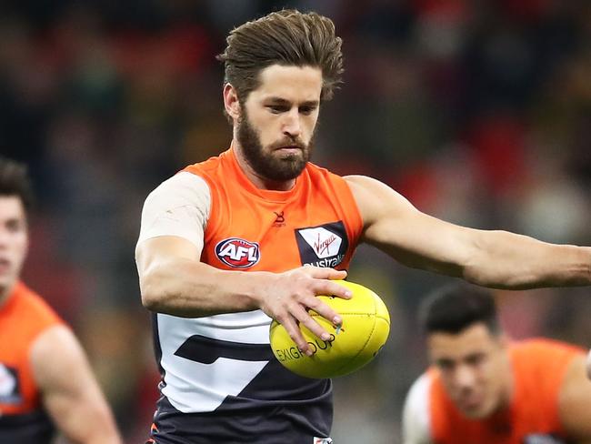 SYDNEY, AUSTRALIA - JULY 14:  Callan Ward of the Giants kicks during the round 17 AFL match between the Greater Western Sydney Giants and the Richmond Tigers at Spotless Stadium on July 14, 2018 in Sydney, Australia.  (Photo by Matt King/Getty Images)