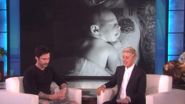 Adam Levine revealed this week that Ellen DeGeneres actually named his baby, Dusty Rose. Photo: ellentube