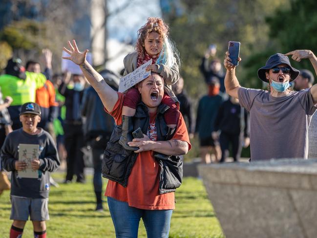 Protesters yell at police. Picture: Jason Edwards