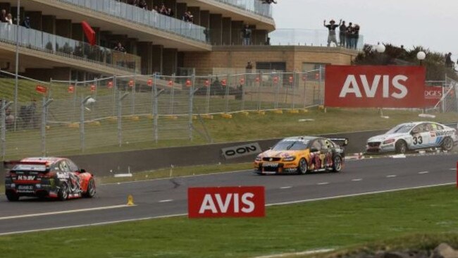 The aftermath of three-way tangle between Garth Tander, Jamie Whincup and Scott McLaughlin in 2016.