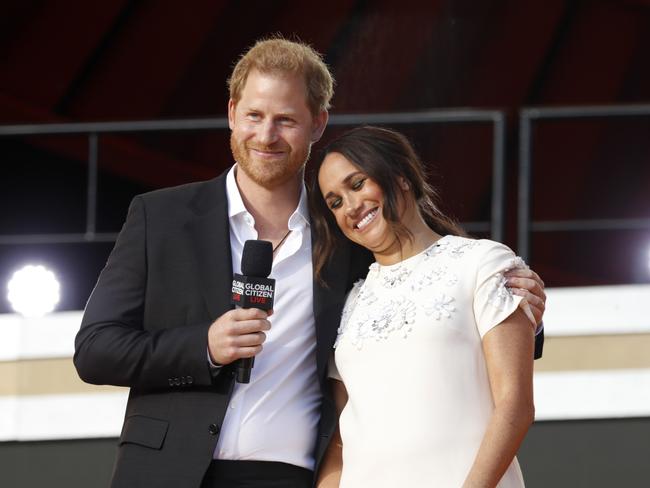 Prince Harry, Duke of Sussex and Meghan, Duchess of Sussex speak onstage during Global Citizen Live, New York. Picture: Getty Images