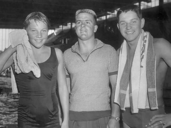 Swimming legends Ilsa Konrads and brother John Konrads with coach Don Talbot (centre) in 1958.