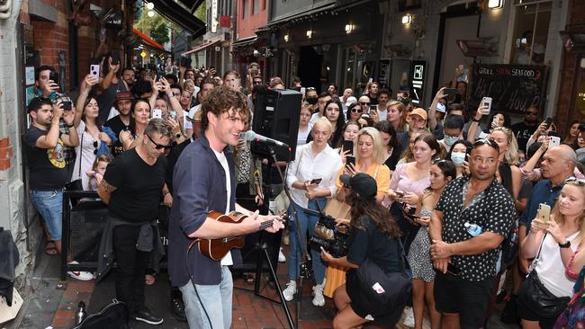 Vance Joy doing a pop up gig in Hardware Lane in March. Picture: Josie Hayden