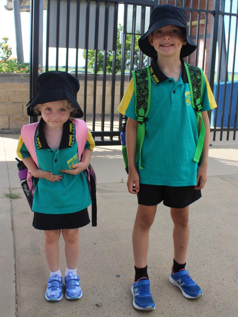 Layla Shannon arrived for her first day of school at Moore Park Beach State School together with big brother Owen.