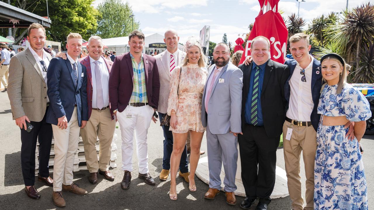 At 2023 Audi Centre Toowoomba Weetwood race day are (from left) Kurt Cockburn, Cameron Creevey, Robbie Hawkswell, Kobi O'Brien, Kenric Head, Chloe Head, Ryan Watterson, Brett Willmot, Darcy Rodgers and Liv O'Donnell. Picture: Kevin Farmer