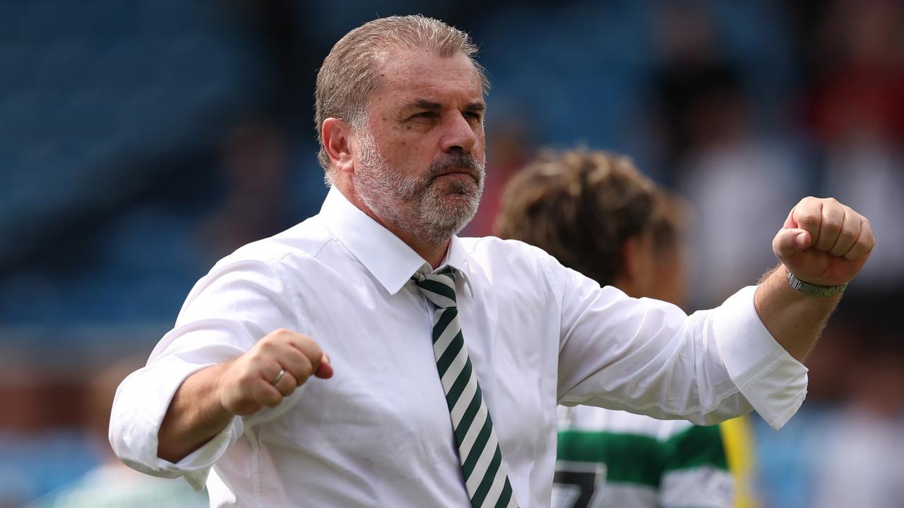 KILMARNOCK, SCOTLAND - AUGUST 14: Celtic manager Ange Postecoglou celebrates at the end of the game during the Cinch Scottish Premiership match between Kilmarnock FC and Celtic FC at on August 14, 2022 in Kilmarnock, Scotland. (Photo by Ian MacNicol/Getty Images)