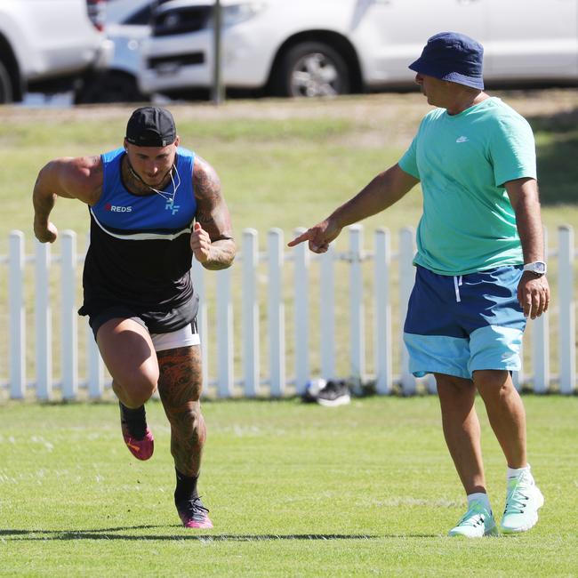 Sprint coach Roger Fabri puts Bronson Xerri through his paces. Picture: John Grainger