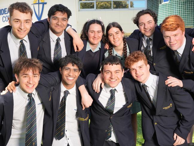 Endeavour College at Mawson Lakes, has five sets of twins graduating year 12 in 2024. Included are (LtoR) Alaska and Bogdan Novakovic, Ruben and Ryan Nixon, Fenella and Imogen Healy, Kennan and Liam Wallace, and Caleb and Cooper Marschall. 23 October 2024. Picture Dean Martin