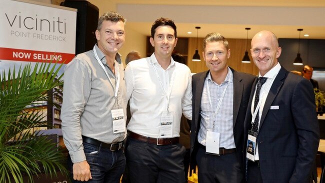 Urban Development Institute of Australia Central Coast chapter chairman Caine King, JBP Construction MD Jake Porteous, with former Australian cricket captain Michael Clarke and Real Estate Institute president-elect Brett Hunter at the launch of Viciniti. Picture: Supplied