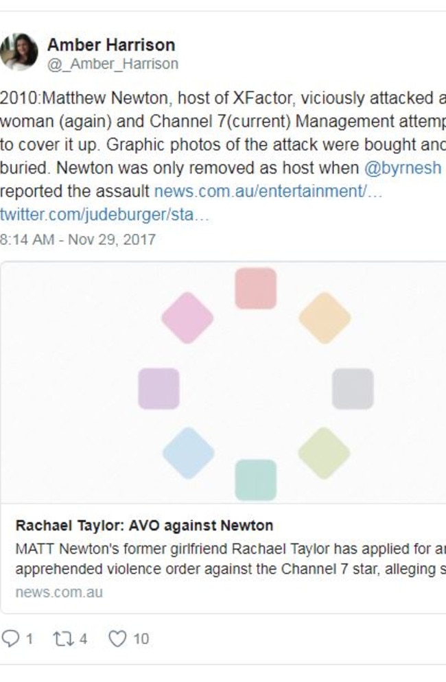 Another tweet that is the subject of Seven’s latest threat against Amber Harrison. Picture: Twitter