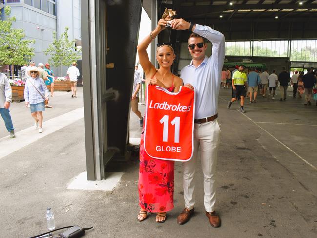 Apprentice jockey Olivia East and Max Keenan (Globe - Mick Price and Michael Kent Junior - Ladbrokes Cranbourne Cup 2024 winner) enjoying all the action at the Ladbrokes Cranbourne Cup on Saturday, November 23, 2024. Picture: Jack Colantuono