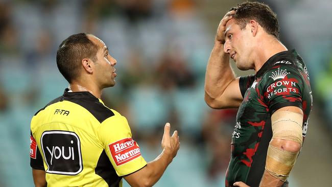 Referee Ashley Klein speaks to Sam Burgess.