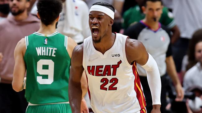 Jimmy Butler caught fire. Michael Reaves/Getty Images/AFP.