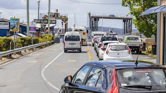 Cars being loaded onto the Bruny Island Ferry during the busy school holiday period. Picture: Linda Higginson