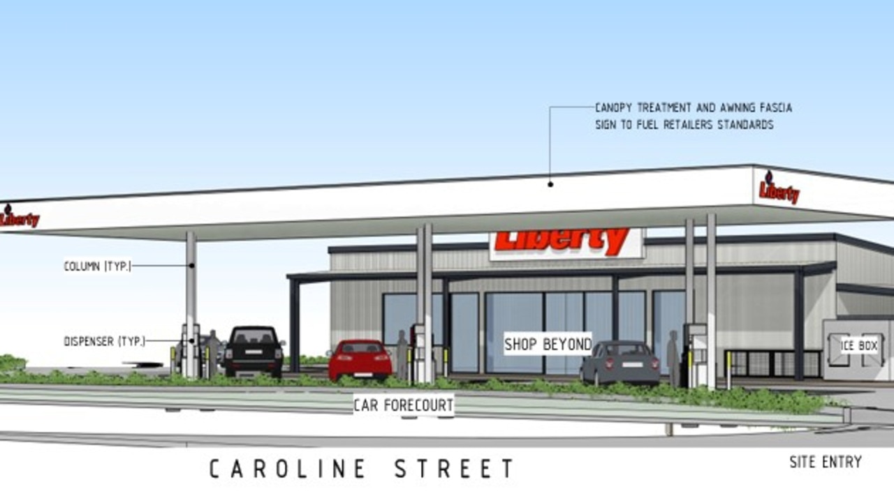 Artist impressions and plans from the proposed Liberty service station planned for Biggenden. (Credit: Project Urban).