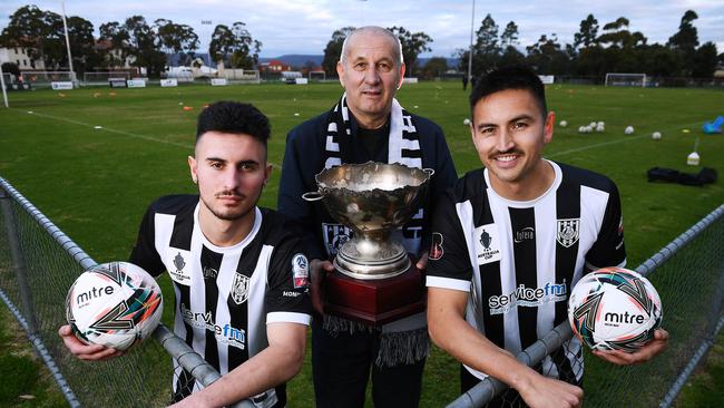 Adelaide City pair Daniel Bressan (left) and Matt Halliday (right), and club legend Milan Ivanovic are hoping the Zebras can upset Adelaide United. Picture: Mark Brake