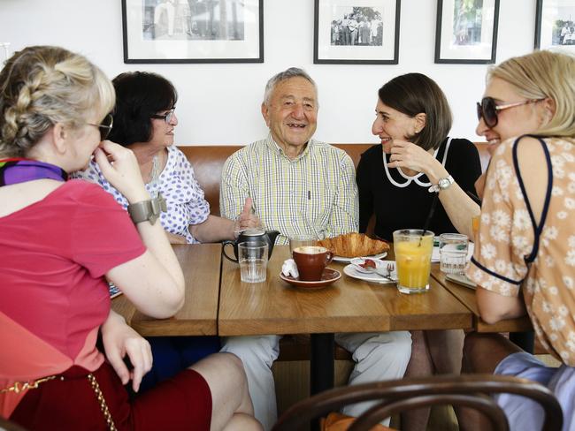 Gladys Berejiklian, with her mum, dad and sisters, at Maggio Cafe in Cammeray. Picture: Justin Lloyd.