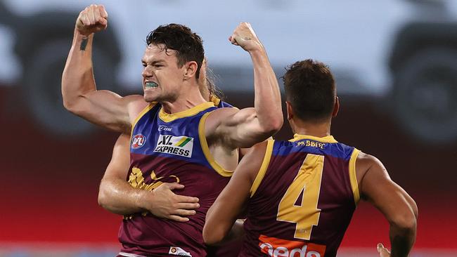 Lachie Neale after his huge second-quarter goal. Picture: Michael Klein