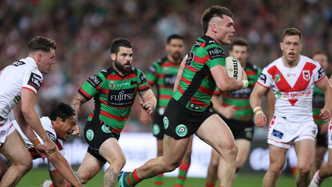 Angus Crichton makes a break to set up a try for Adam Reynolds. Picture: Brett Costello