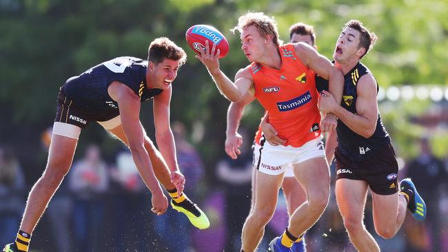 James Worpel takes possession of the football during Hawthorn’s intra-club match.