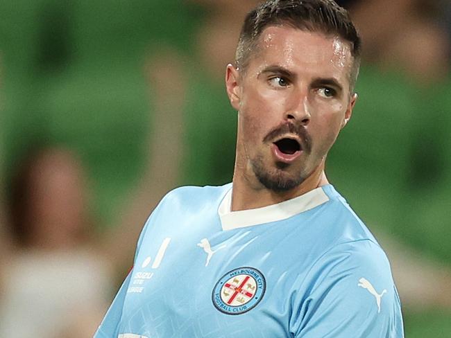 MELBOURNE, AUSTRALIA - MARCH 09: Jamie Maclaren of Melbourne City reacts after missing a shot on goal during the A-League Men round 20 match between Melbourne City and Wellington Phoenix at AAMI Park, on March 09, 2024, in Melbourne, Australia. (Photo by Robert Cianflone/Getty Images)